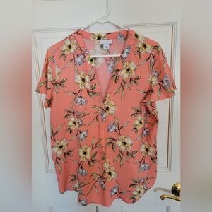 Liz Claiborne Floral Blouse - Coral and Yellow